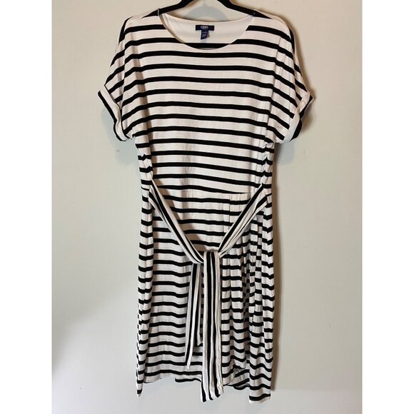 Striped Black & White Chaps Belted Short Sleeve Dress XL - Picture 2 of 11